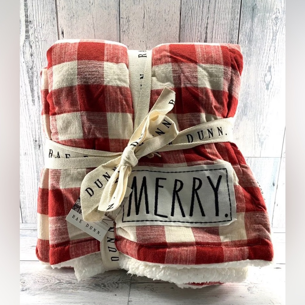 NEW Rae Dunn Merry Buffalo Check Sherpa Throw Blanket Christmas
